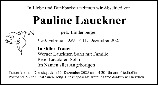 Traueranzeige von Pauline Lauckner von Neumarkter Nachrichten Lokal
