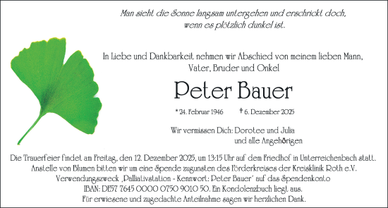 Traueranzeige von Peter Bauer von Schwabacher Tagblatt Lokal