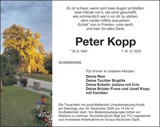 Traueranzeige von Peter Kopp von Altmühl-Bote Lokal