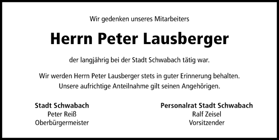 Traueranzeige von Peter Lausberger von Schwabacher Tagblatt Lokal