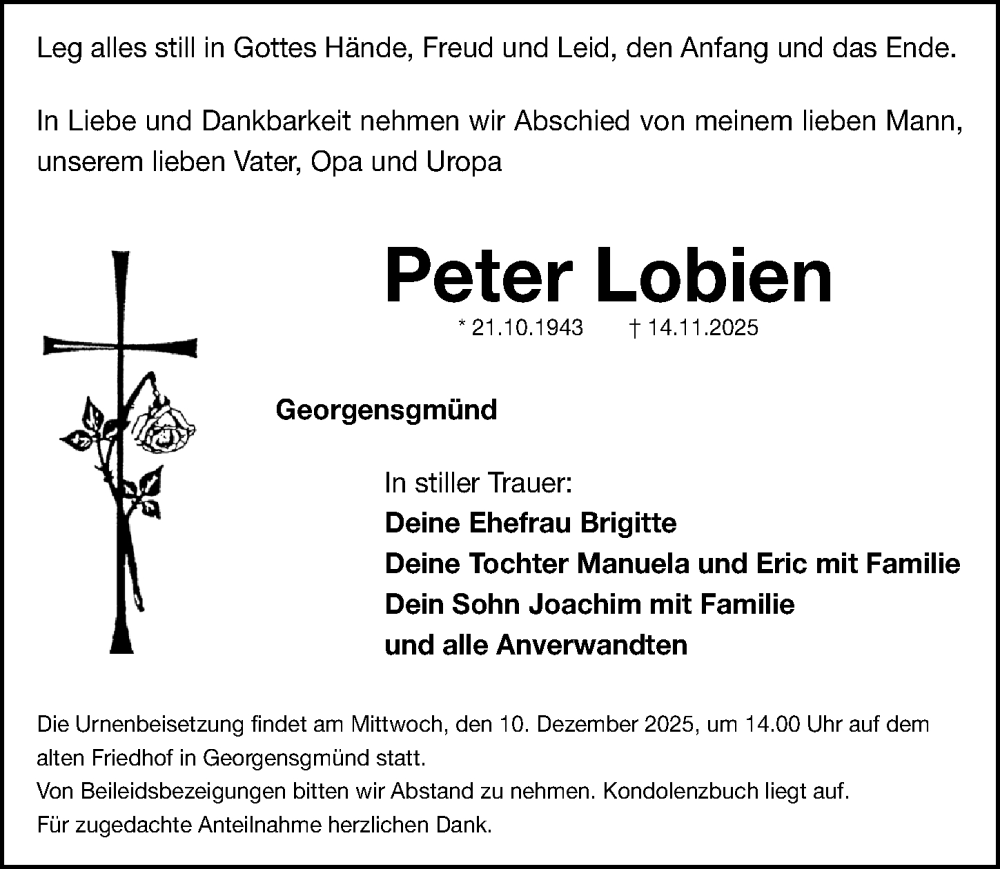  Traueranzeige für Peter Lobien vom 08.12.2025 aus Roth-Hilpoltsteiner Volkszeitung Lokal