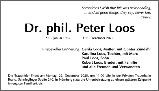 Traueranzeige von Peter Loos von Gesamtausgabe Nürnberger Nachrichten/ Nürnberger Ztg.