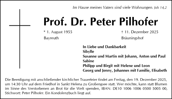 Traueranzeige von Peter Pilhofer von Gesamtausgabe Nürnberger Nachrichten/ Nürnberger Ztg.