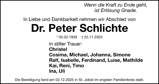 Traueranzeige von Peter Schlichte von Gesamtausgabe Nürnberger Nachrichten/ Nürnberger Ztg.