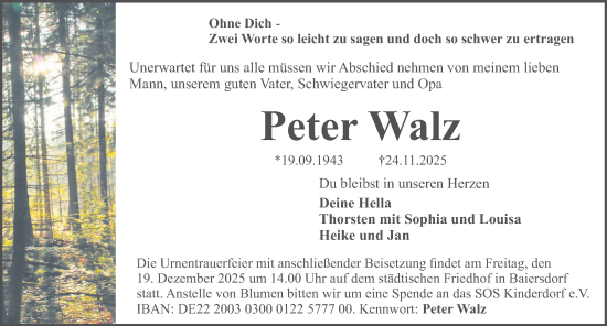 Traueranzeige von Peter Walz von Erlanger Nachrichten Lokal