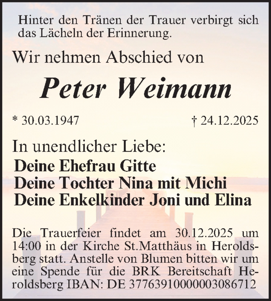  Traueranzeige für Peter Weimann vom 30.12.2025 aus Gesamtausgabe Nürnberger Nachrichten/ Nürnberger Ztg.