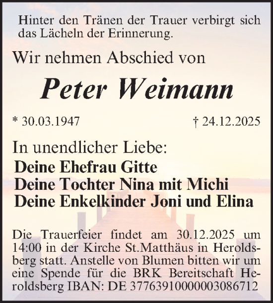 Traueranzeige von Peter Weimann von Gesamtausgabe Nürnberger Nachrichten/ Nürnberger Ztg.