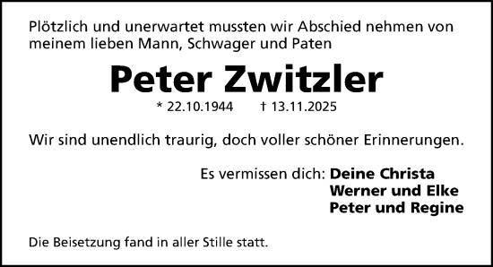 Traueranzeige von Peter Zwitzler von Gesamtausgabe Nürnberger Nachrichten/ Nürnberger Ztg.