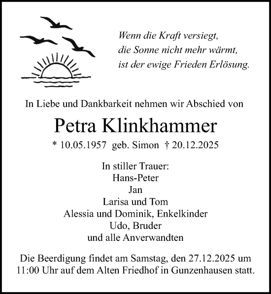 Traueranzeige von Petra Klinkhammer von Altmühl-Bote Lokal