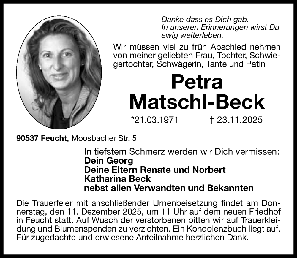  Traueranzeige für Petra Matschl-Beck vom 06.12.2025 aus Gesamtausgabe Nürnberger Nachrichten/ Nürnberger Ztg.