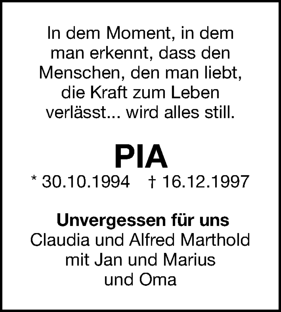  Traueranzeige für Pia  vom 16.12.2025 aus Gesamtausgabe Nürnberger Nachrichten/ Nürnberger Ztg.
