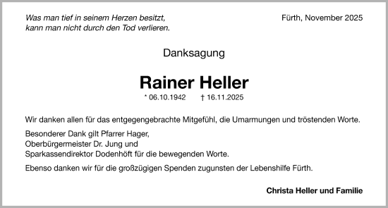 Traueranzeige von Rainer Heller von Fürther Nachrichten Lokal