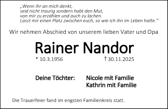 Traueranzeige von Rainer Nandor von Erlanger Nachrichten Lokal