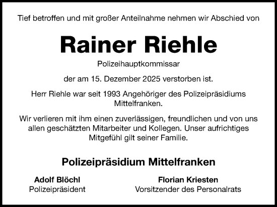 Traueranzeige von Rainer Riehle von Altmühl-Bote Lokal