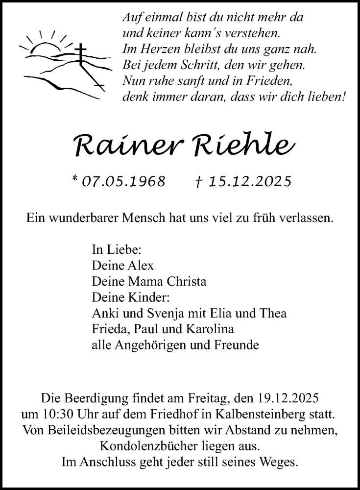  Traueranzeige für Rainer Riehle vom 17.12.2025 aus Altmühl-Bote Lokal