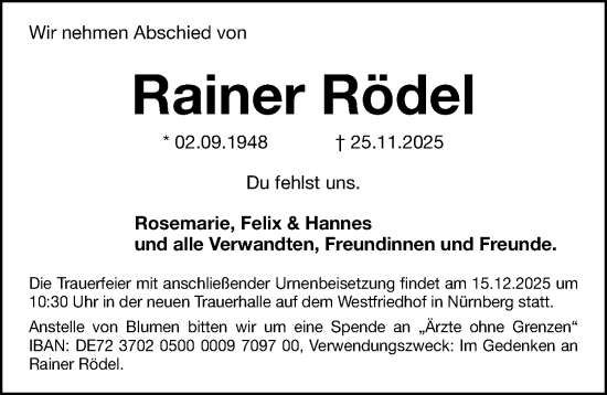Traueranzeige von Rainer Rödel von Gesamtausgabe Nürnberger Nachrichten/ Nürnberger Ztg.