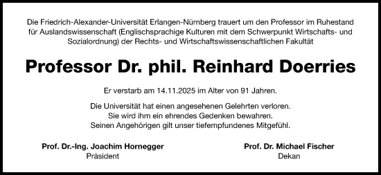 Traueranzeige von Reinhard Doerries von Gesamtausgabe Nürnberger Nachrichten/ Nürnberger Ztg.