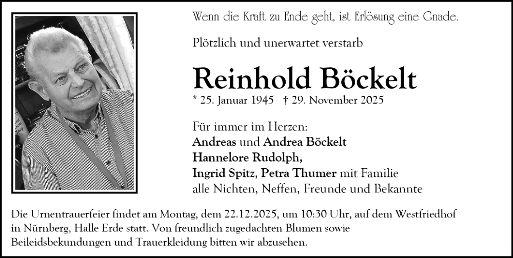  Traueranzeige für Reinhold Böckelt vom 13.12.2025 aus Gesamtausgabe Nürnberger Nachrichten/ Nürnberger Ztg.