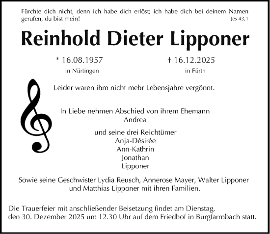 Traueranzeige von Reinhold Dieter Lipponer von Gesamtausgabe Nürnberger Nachrichten/ Nürnberger Ztg.