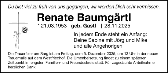 Traueranzeige von Renate Baumgärtl von Gesamtausgabe Nürnberger Nachrichten/ Nürnberger Ztg.