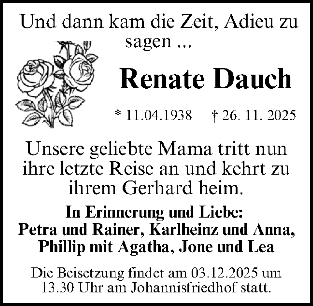  Traueranzeige für Renate Dauch vom 02.12.2025 aus Gesamtausgabe Nürnberger Nachrichten/ Nürnberger Ztg.