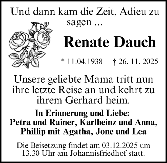 Traueranzeige von Renate Dauch von Gesamtausgabe Nürnberger Nachrichten/ Nürnberger Ztg.