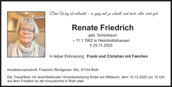 Traueranzeige von Renate Friedrich von Roth-Hilpoltsteiner Volkszeitung Lokal