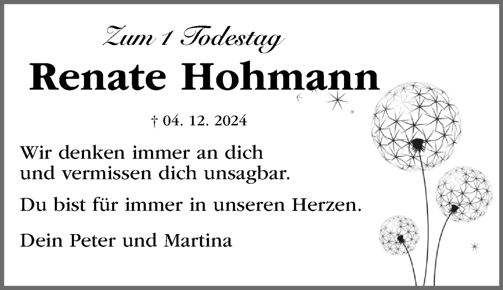  Traueranzeige für Renate Hohmann vom 04.12.2025 aus Fürther Nachrichten Lokal