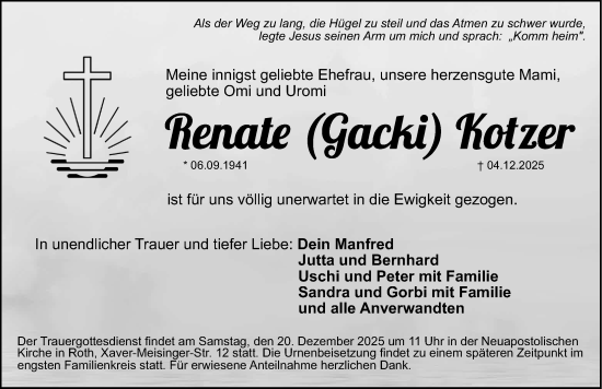 Traueranzeige von Renate Kotzer von Schwabacher Tagblatt Lokal