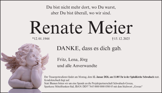 Traueranzeige von Renate Meier von Schwabacher Tagblatt Lokal