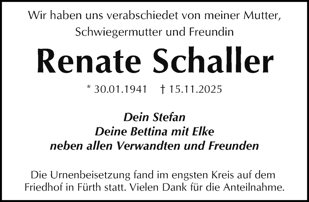  Traueranzeige für Renate Schaller vom 27.12.2025 aus Fürther Nachrichten Lokal