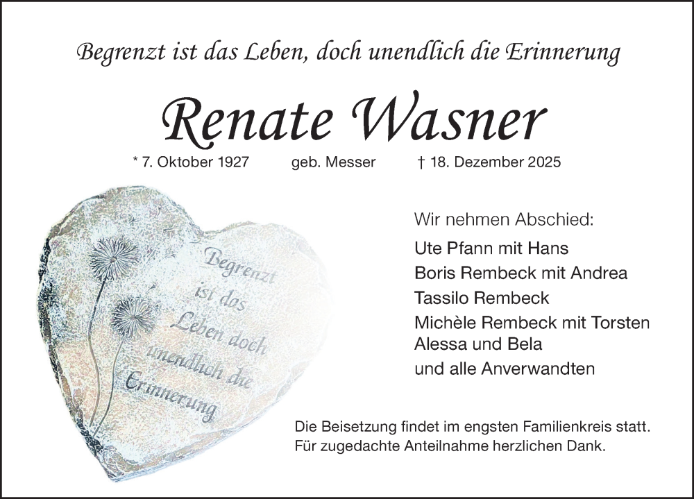  Traueranzeige für Renate Wasner vom 24.12.2025 aus Schwabacher Tagblatt Lokal
