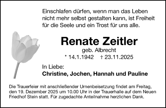 Traueranzeige von Renate Zeitler von Gesamtausgabe Nürnberger Nachrichten/ Nürnberger Ztg.