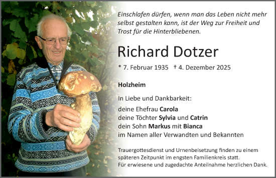 Traueranzeige von Richard Dotzer von Neumarkter Nachrichten Lokal