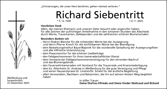 Traueranzeige von Richard Siebentritt von Altmühl-Bote Lokal