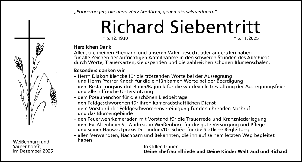  Traueranzeige für Richard Siebentritt vom 06.12.2025 aus Altmühl-Bote Lokal