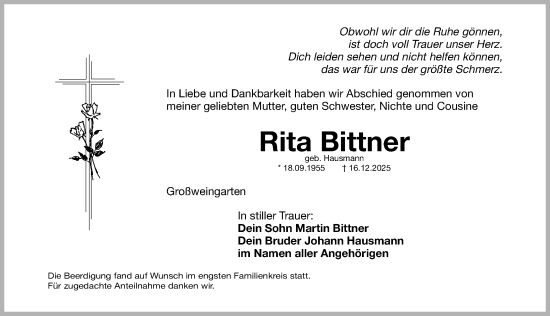 Traueranzeige von Rita Bittner von Roth-Hilpoltsteiner Volkszeitung Lokal