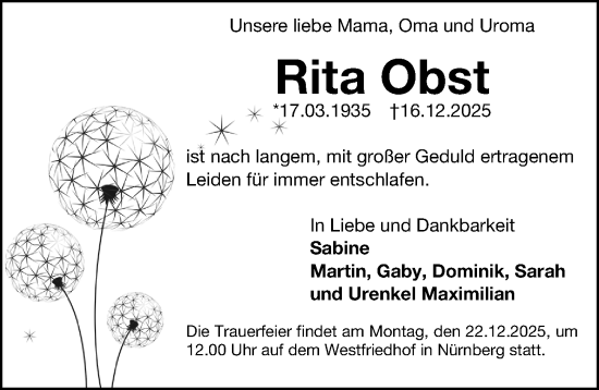 Traueranzeige von Rita Obst von Gesamtausgabe Nürnberger Nachrichten/ Nürnberger Ztg.