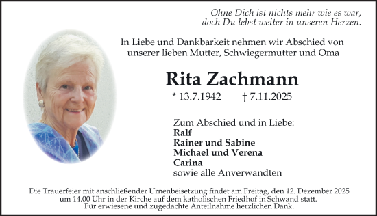 Traueranzeige von Rita Zachmann von Schwabacher Tagblatt Lokal
