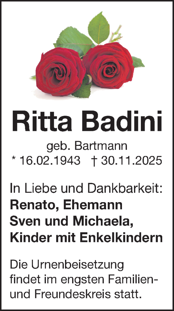  Traueranzeige für Ritta Badini vom 06.12.2025 aus Gesamtausgabe Nürnberger Nachrichten/ Nürnberger Ztg.