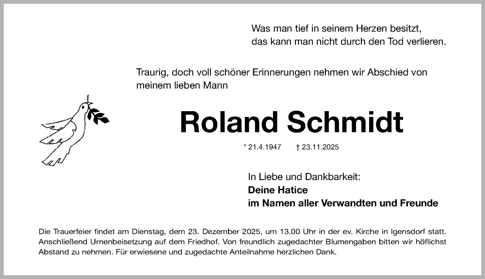  Traueranzeige für Roland Schmidt vom 13.12.2025 aus Nordbayerische Nachrichten Forchheim Lokal