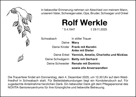 Traueranzeige von Rolf Werkle von Schwabacher Tagblatt Lokal