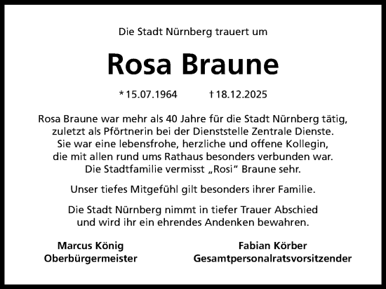 Traueranzeige von Rosa Braune von Gesamtausgabe Nürnberger Nachrichten/ Nürnberger Ztg.