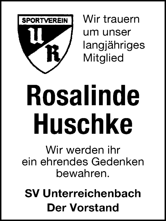 Traueranzeige von Rosalinde Huschke von Schwabacher Tagblatt Lokal