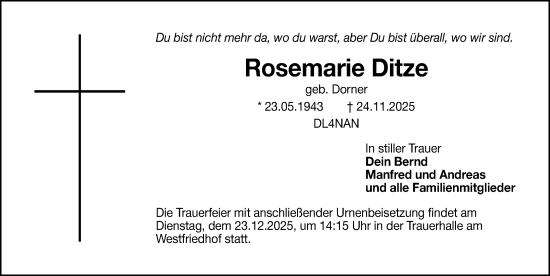 Traueranzeige von Rosemarie Ditze von Gesamtausgabe Nürnberger Nachrichten/ Nürnberger Ztg.