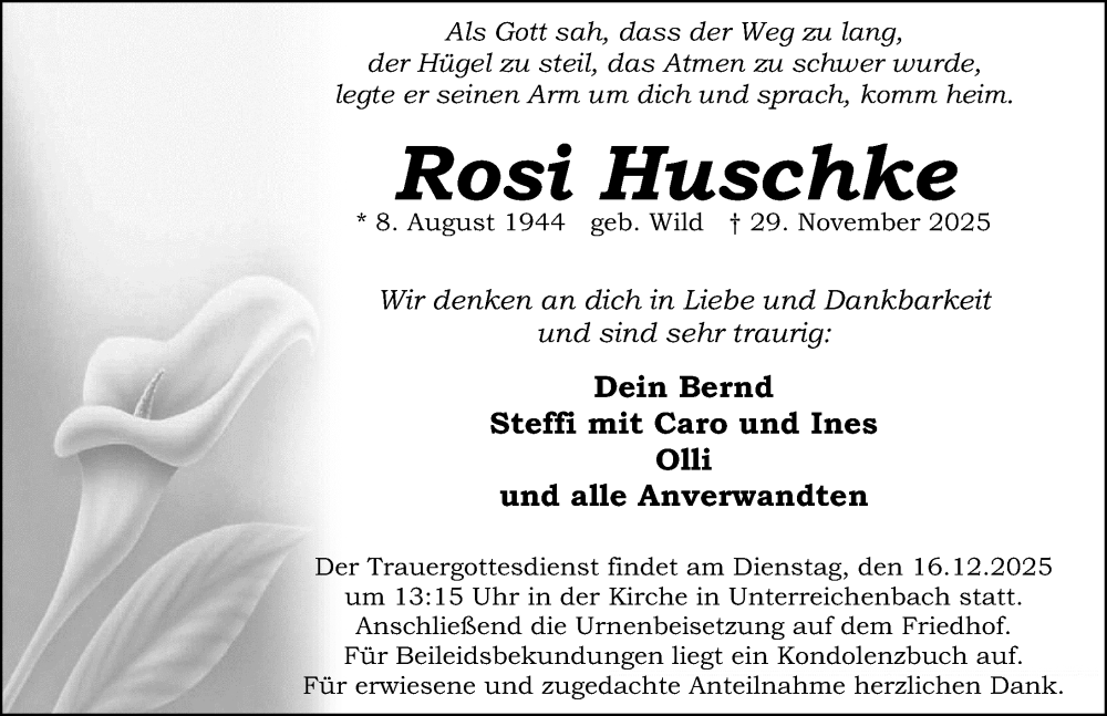  Traueranzeige für Rosi Huschke vom 13.12.2025 aus Schwabacher Tagblatt Lokal