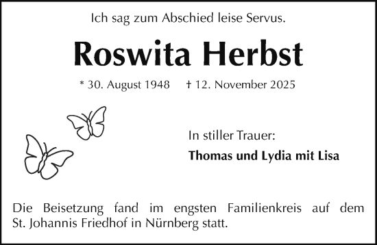 Traueranzeige von Roswita Herbst von Fürther Nachrichten Lokal