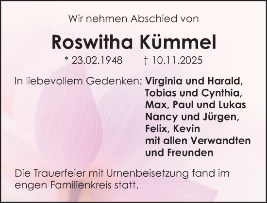 Traueranzeige von Roswitha Kümmel von Gesamtausgabe Nürnberger Nachrichten/ Nürnberger Ztg.