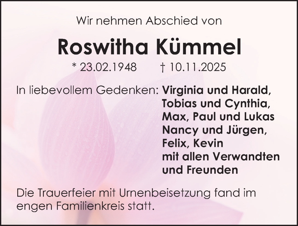  Traueranzeige für Roswitha Kümmel vom 20.12.2025 aus Gesamtausgabe Nürnberger Nachrichten/ Nürnberger Ztg.