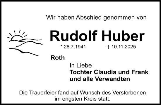 Traueranzeige von Rudolf Huber von Roth-Hilpoltsteiner Volkszeitung Lokal
